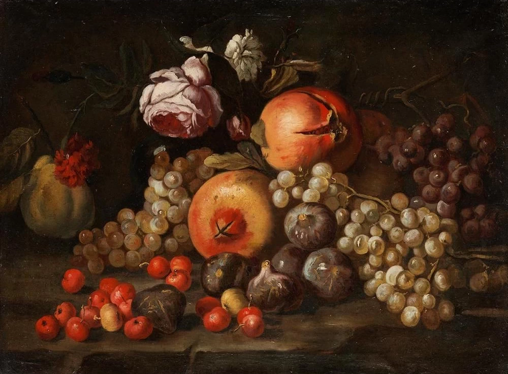 Natura morta con fiori e frutta